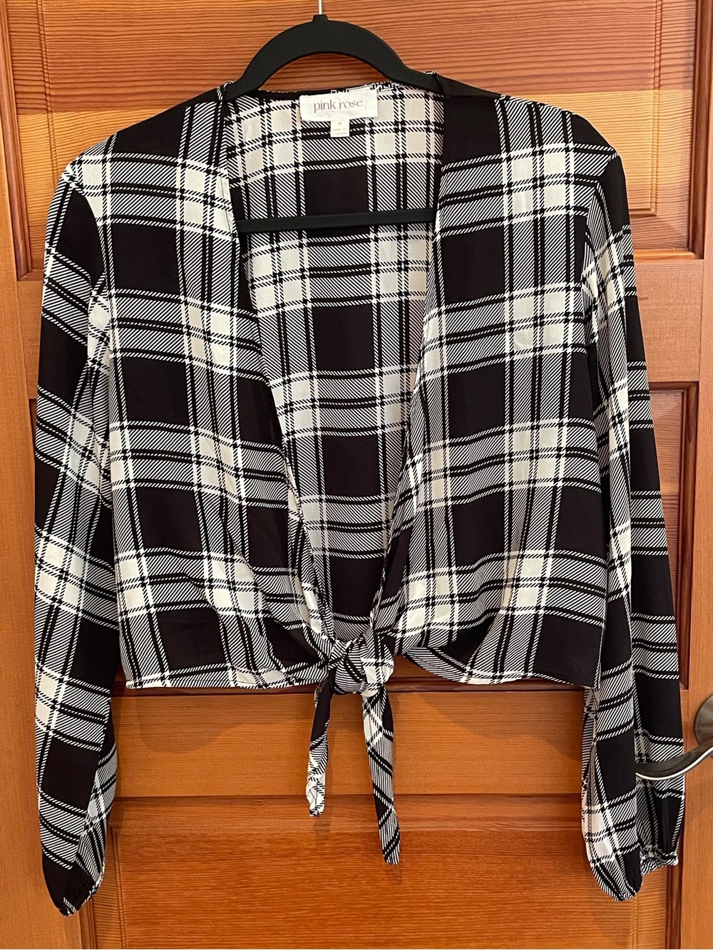 Pink Rose Black & Off-White Plaid Tie-Front Blouse - NWOT - Medium